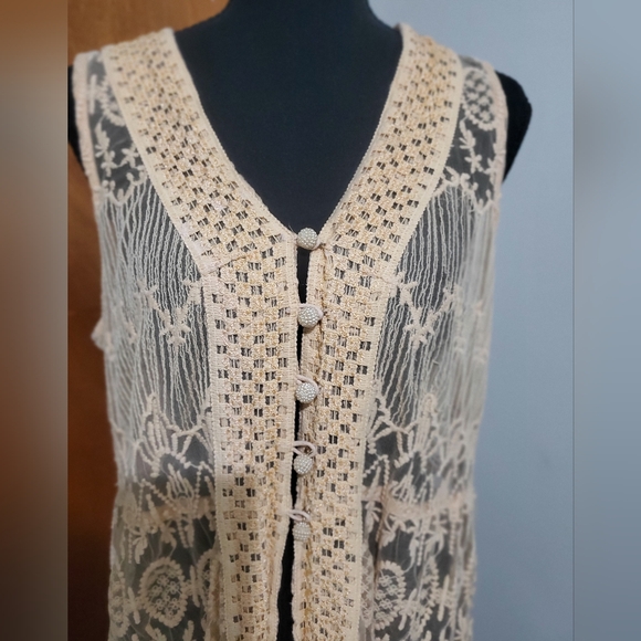 Indigo Thread Co Lace Maxi Duster Vest Boho Embroidered Sheer Long Layering L - Picture 3 of 7